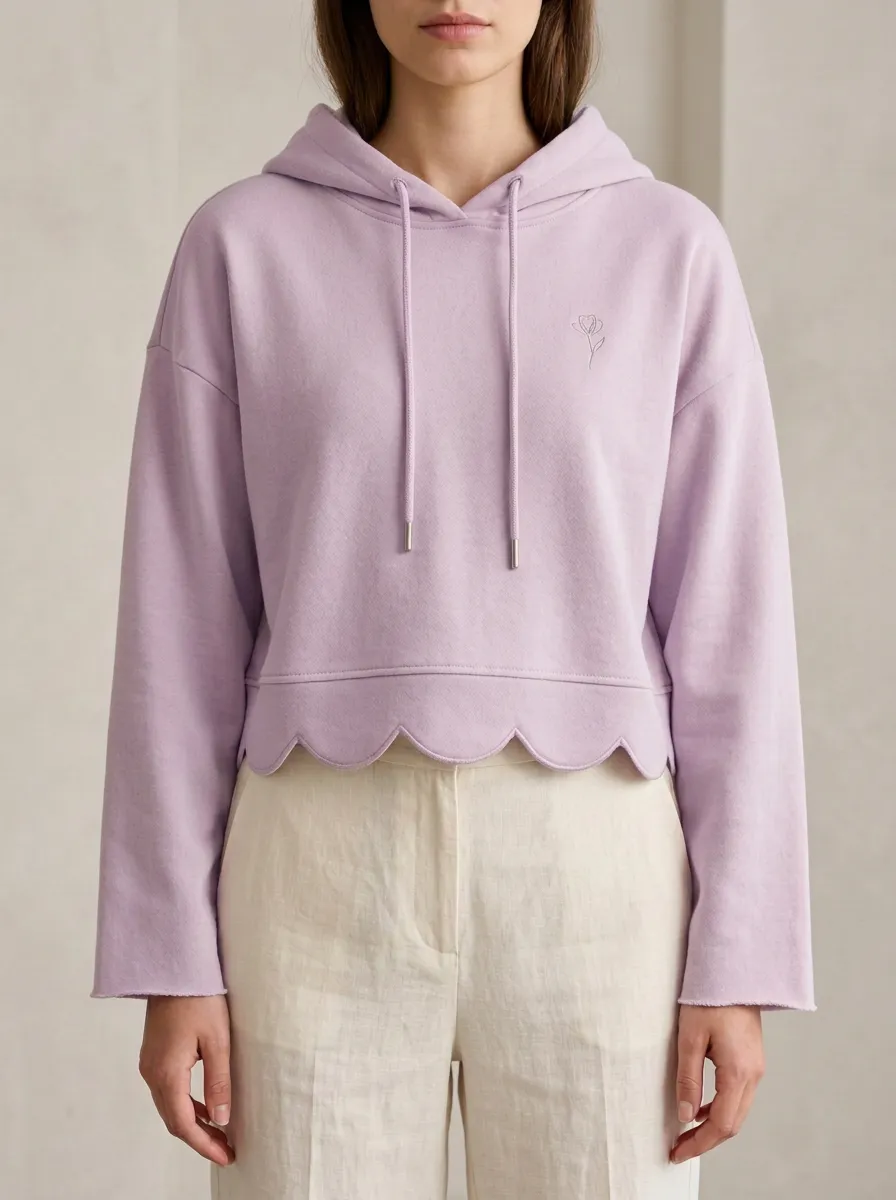 Women's Minimalist Floral Embroidered Scalloped Hem Printed Hoodie