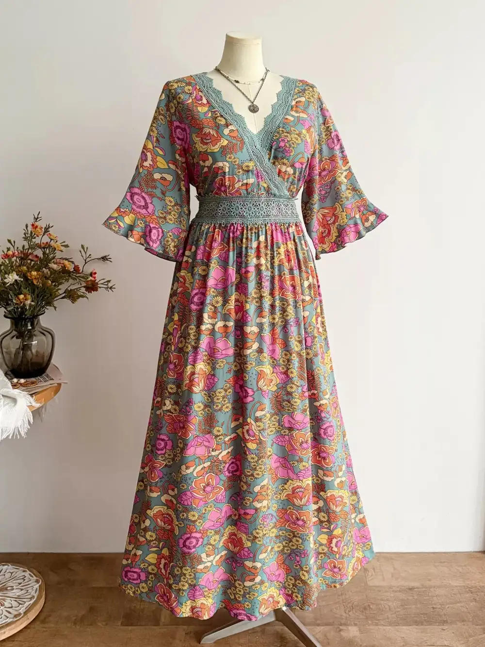 Floral Print Surplice Lace Trim Dress