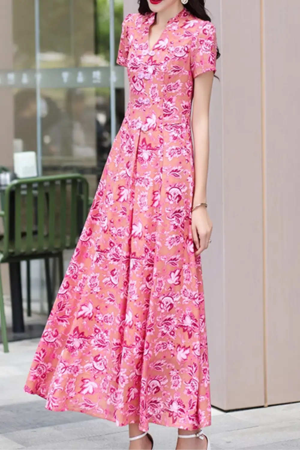 Classic Floral Chiffon V Neck Short Sleeve Maxi Dress