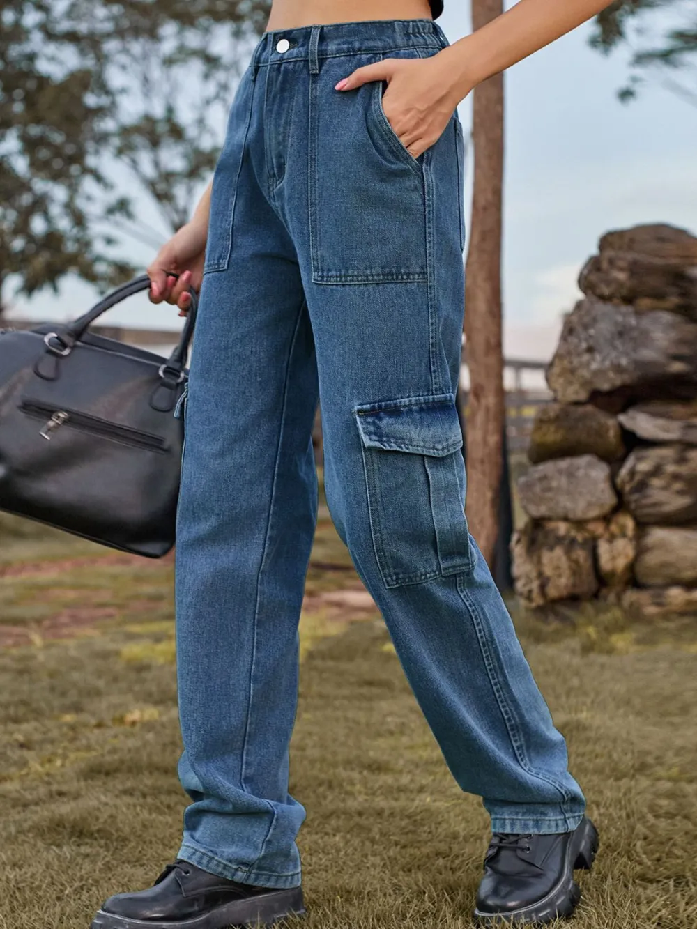 Relaxed High Waist Cargo Denim Jeans