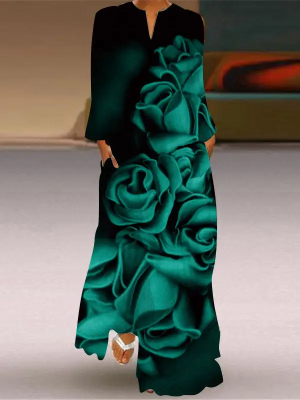 Loose Floral Printed Long Neck Maxi Dress