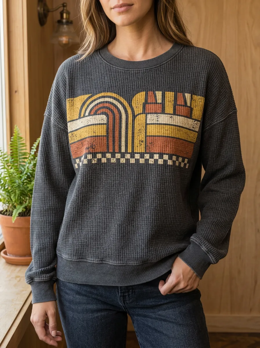 Women's Retro Rainbow Geometric Printed Waffle Knit Sweatshirt