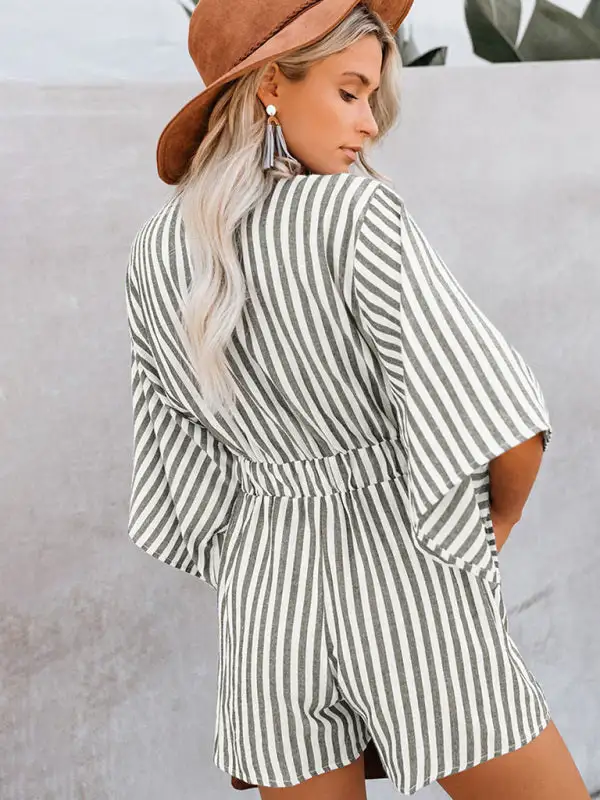 Slim Waist Striped Deep V Trumpet Jumpsuit