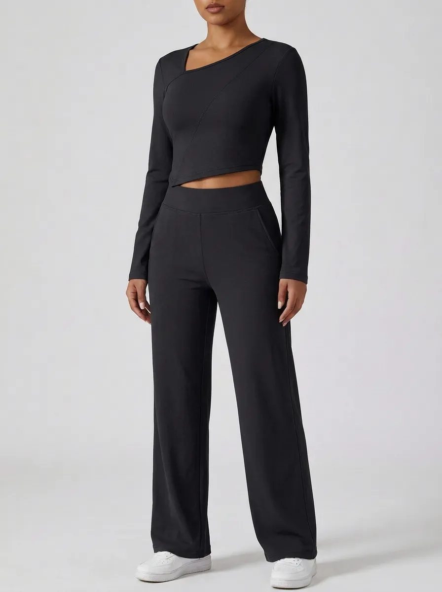 Women's Layered Asymmetric Crop Top and Wide-Leg Trouser Set