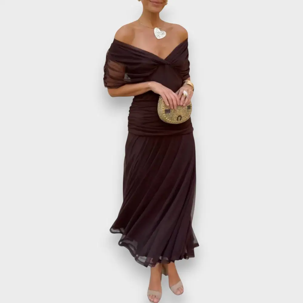 V-Neck Pleated Flowing Casual Dress