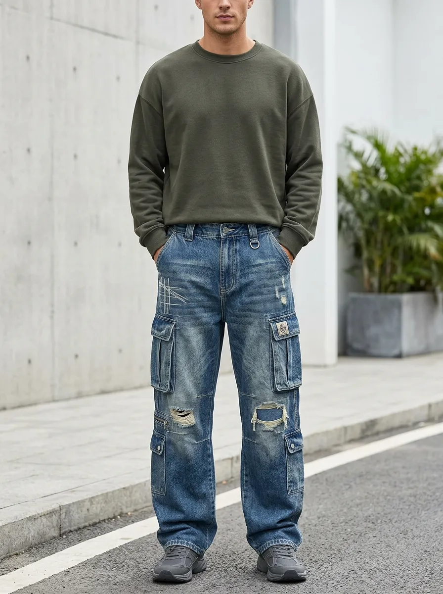 Men's Blue Distressed Cargo Pants