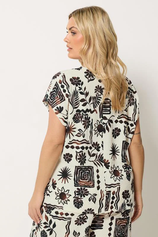 Natural Brown Summer Print Crinkle Grown On Sleeve Top detail 2