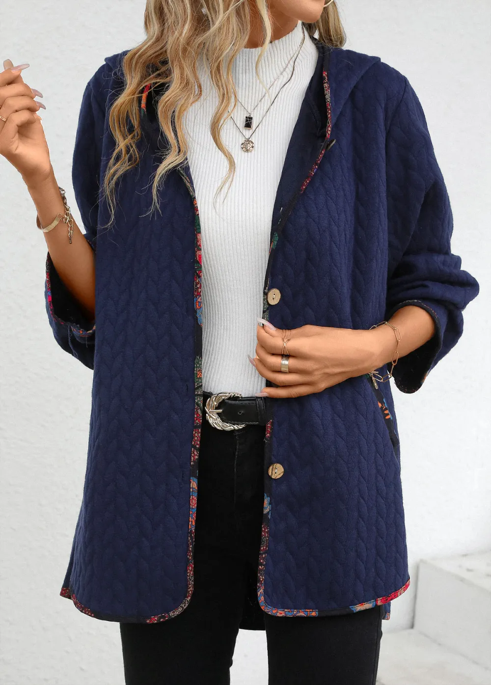 Navy Pocket Long Sleeve Hooded Coat
