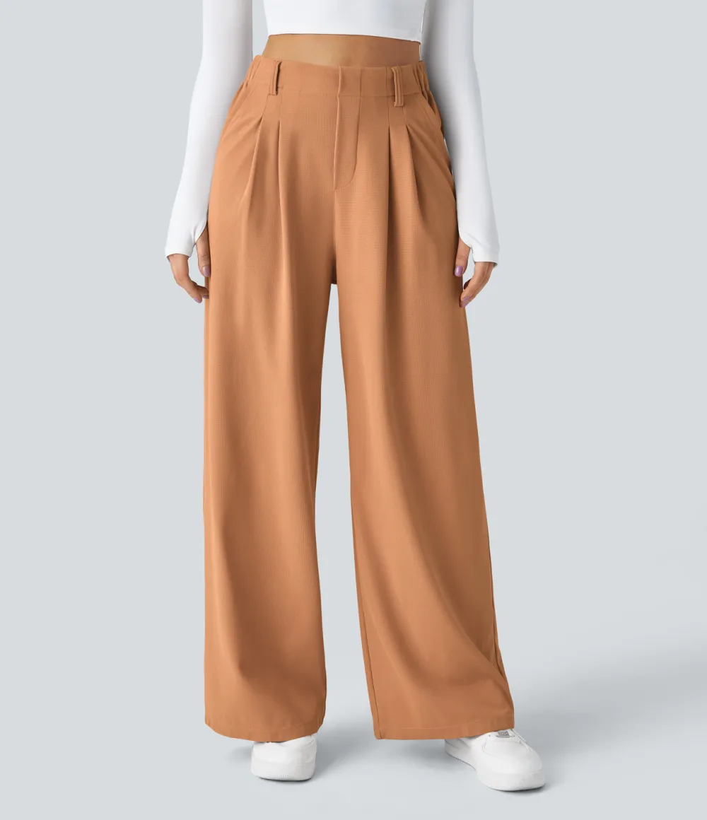 2026🔥  High Waisted Plicated Side Pocket Wide Leg Waffle Work Pants