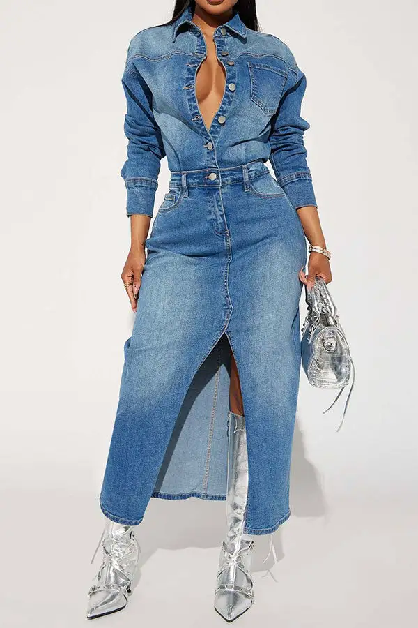 Blue Gradient Denim Slit Midi Dress