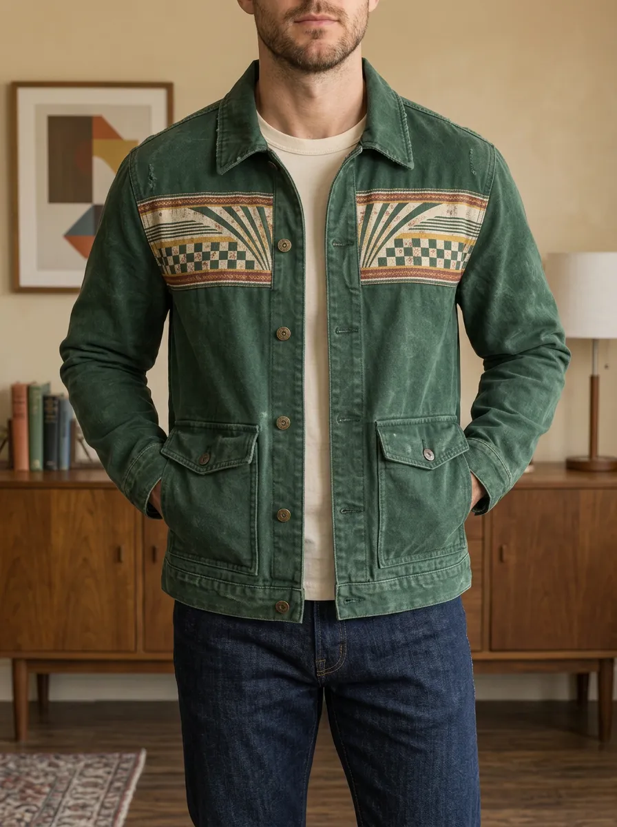 Men's Vintage Western Geometric Checkered Printed Jacket