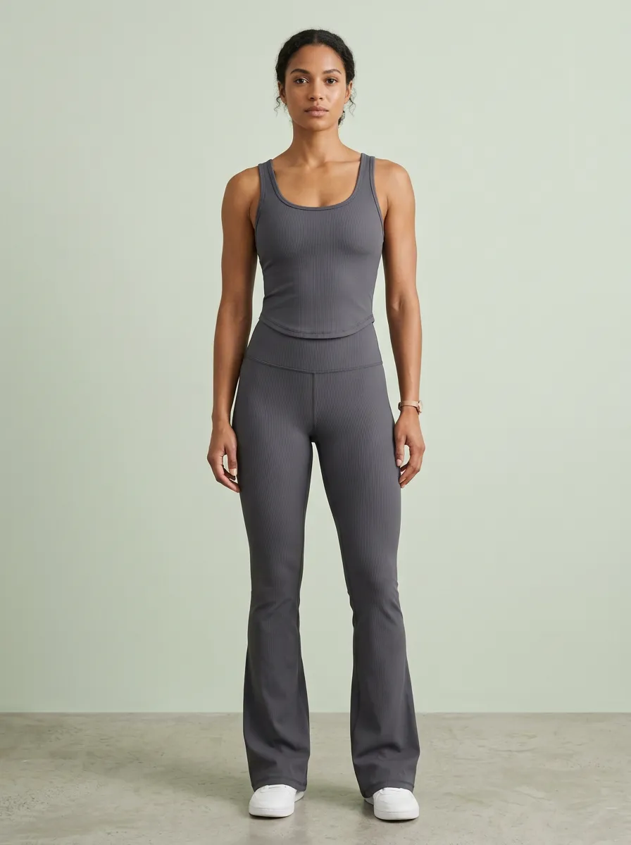 Women's Yoga Fitness Grey Ribbed Tank Top Flare Leggings Set