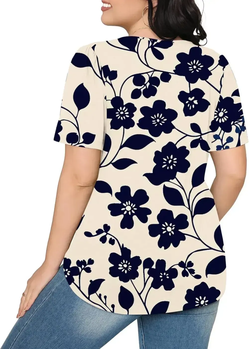 Womens Summer Pleated Front Shirts Tunics Casual Short Sleeved Loose Round Neck Boho Printed Tops Vacation Blouse