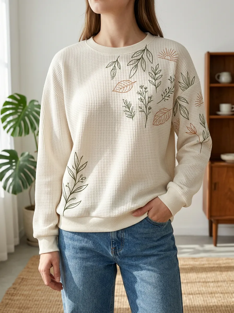 Women's Botanical Nature Lover Leaf Sun Printed Waffle Knit Sweatshirt