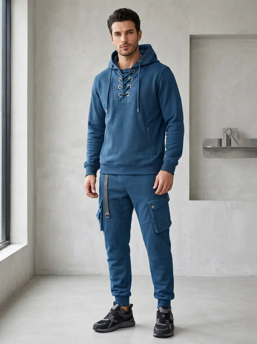 Functional Lace-Up Multi Pocket Relaxed Look Men's Lace Up Hoodie And Cargo Jogger Set