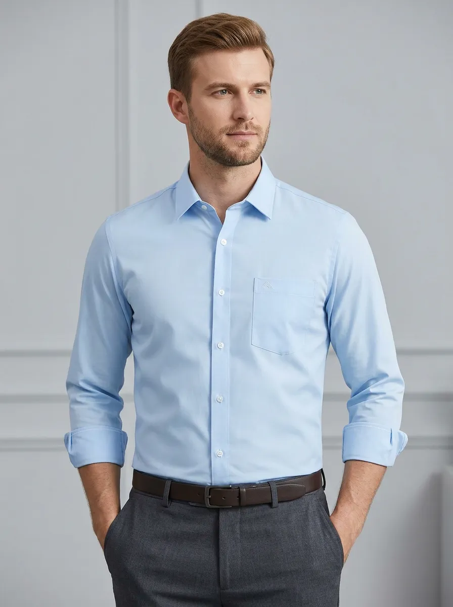 Men's Non-Iron Cotton Light Blue Pocket Dress Shirt
