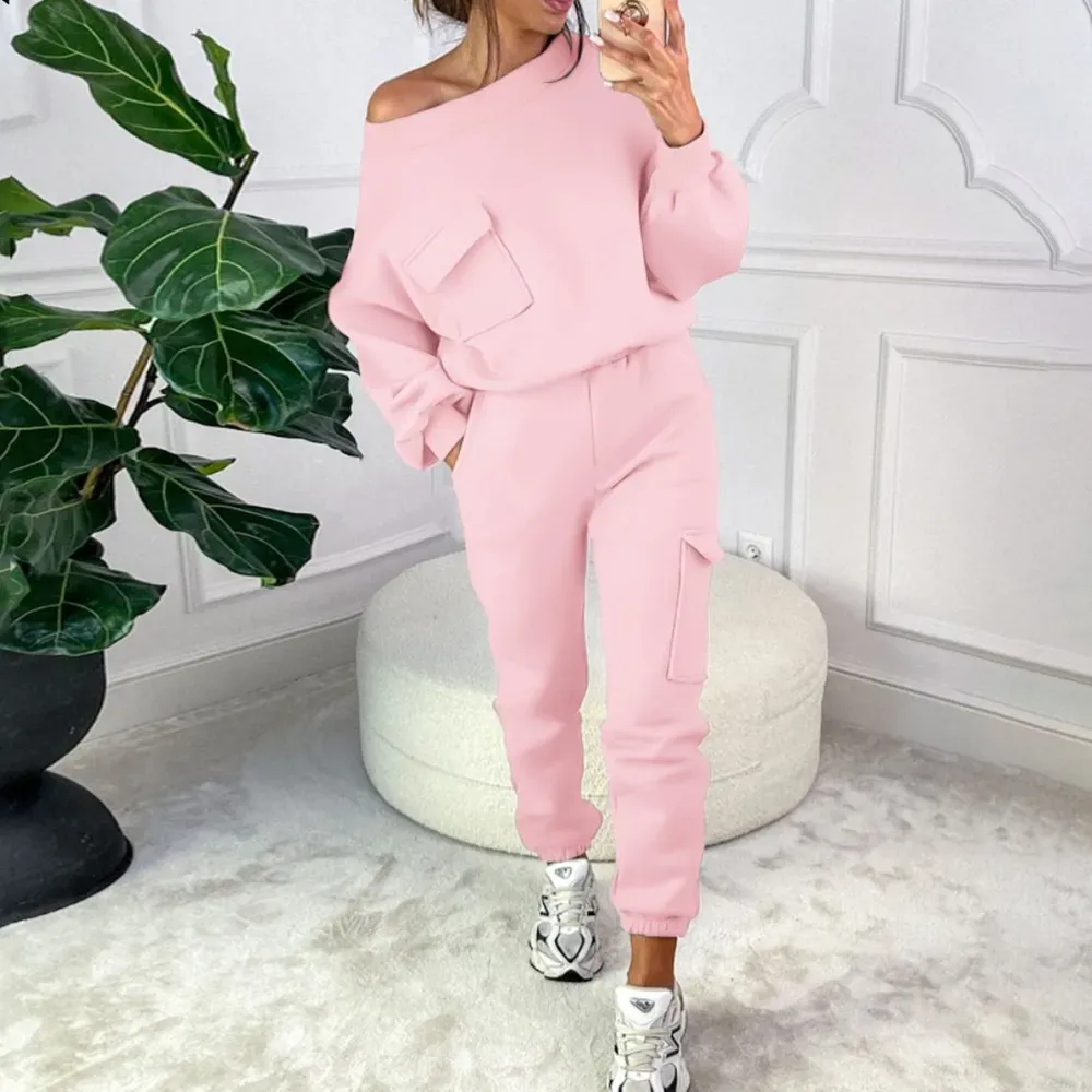 Solid color Pocket Design Trousers and long sleeve sweatshirt suit