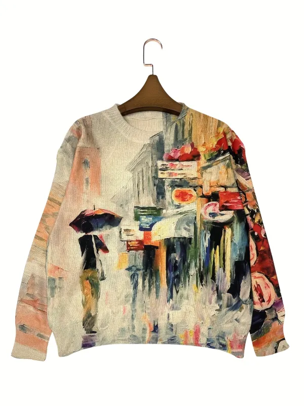 Graphic Print Crew Neck Sweater Casual Long