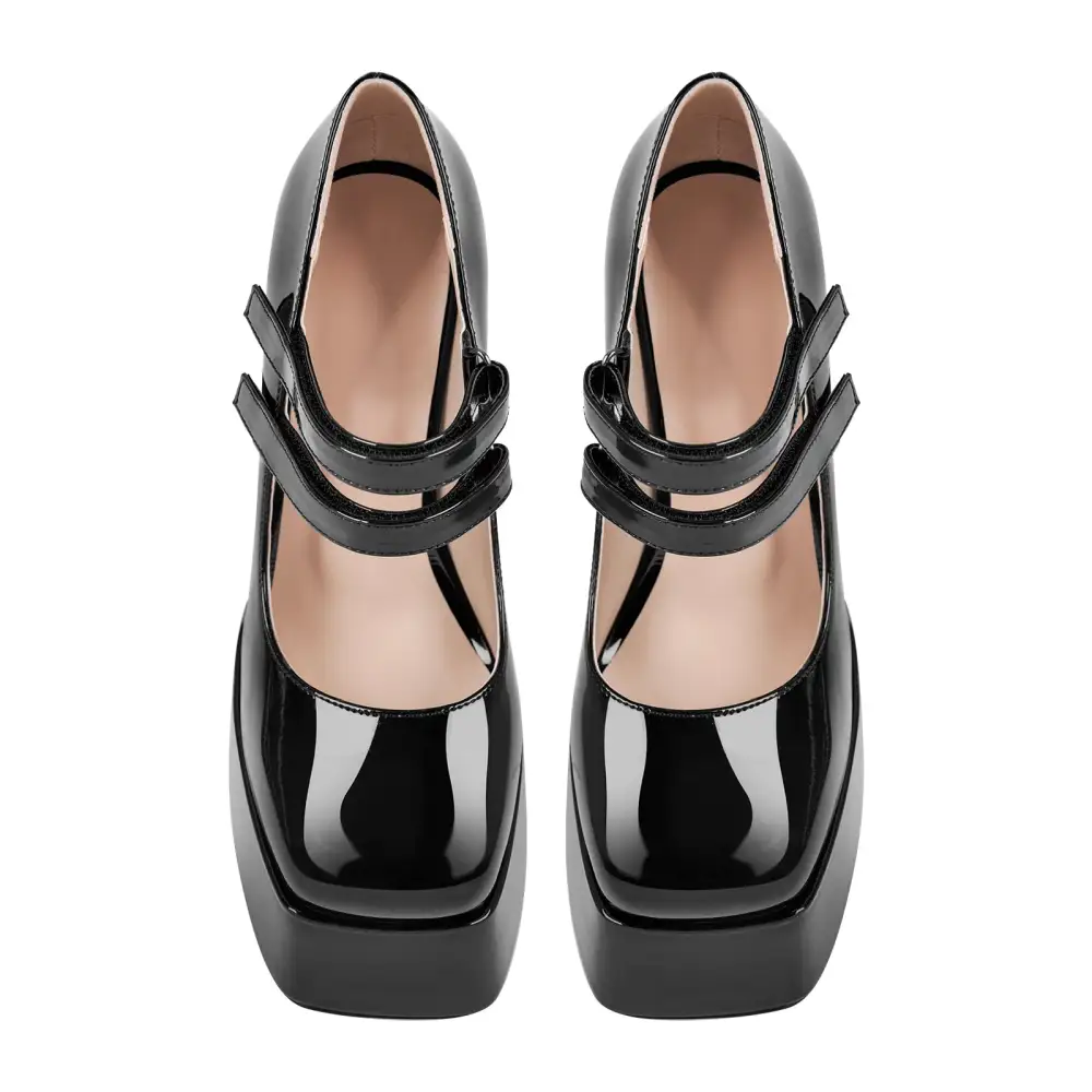 Modern Patent Finish Square Toe Platform Chunky Heel Pumps