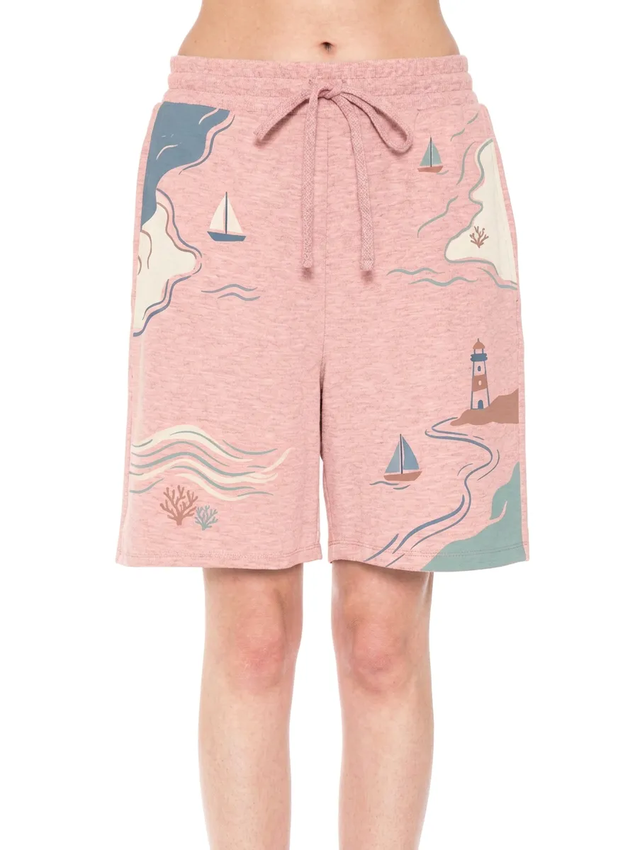 Women's Marin Nautical Ocean Lighthouse Sailboat Graphic Shorts