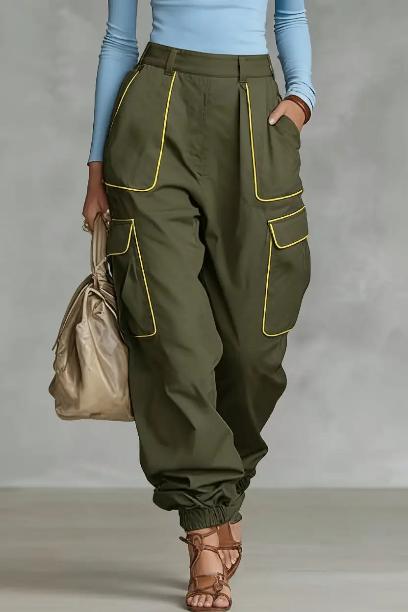 High Waist Multi-Pocket Cargo Work Pants Tapered Trousers