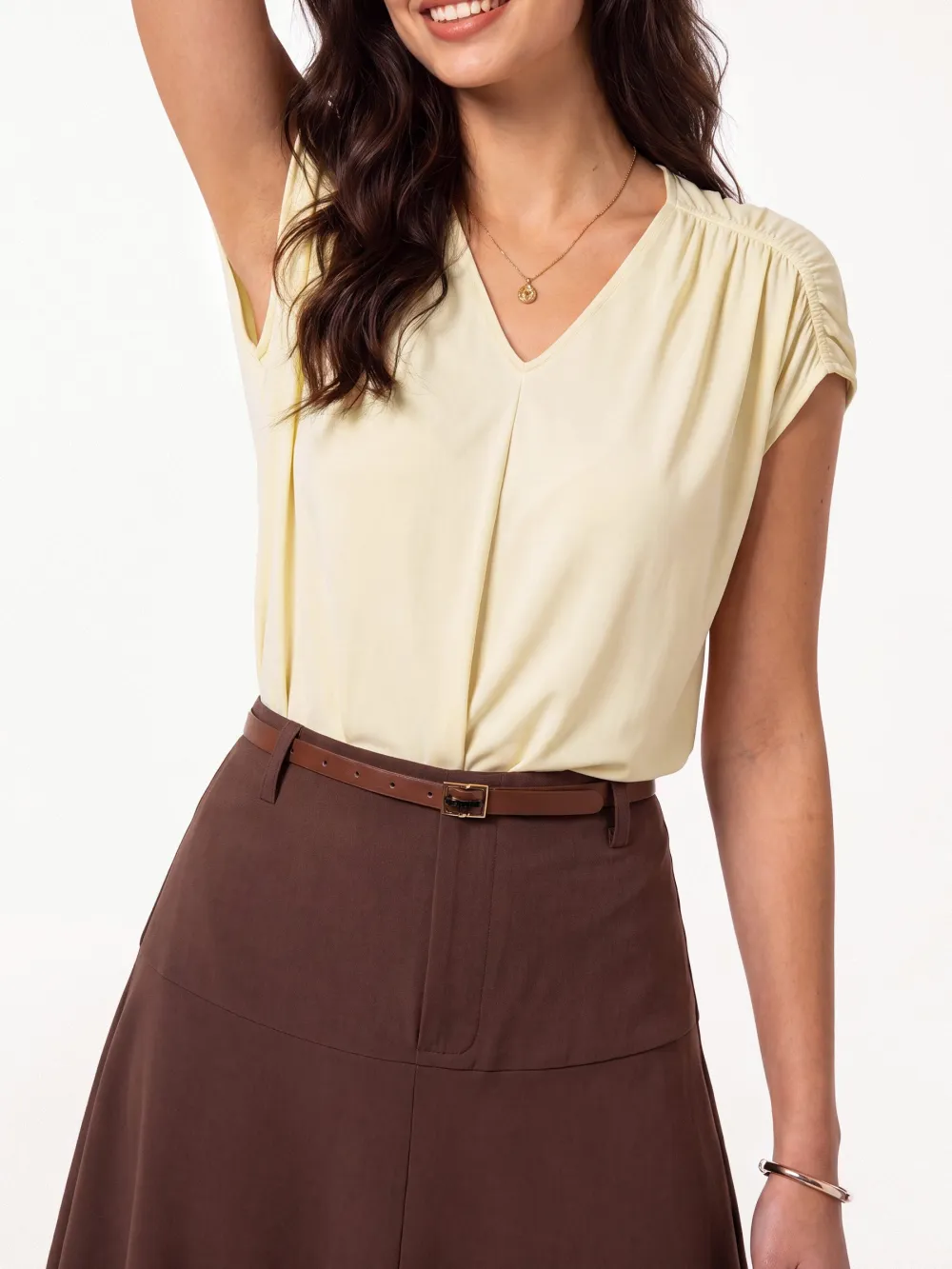 Modal Relaxed V-Neck Gathered Shoulder Top
