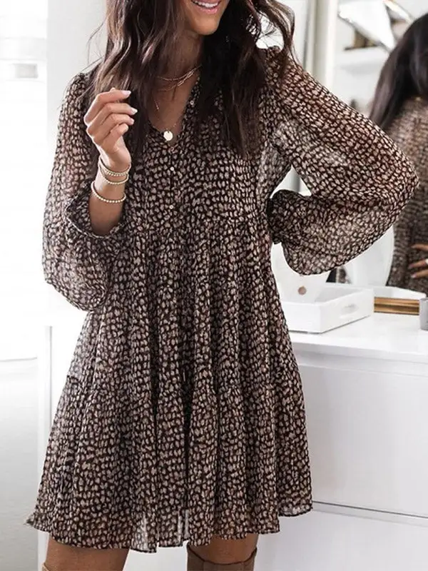Long Sleeve Relaxed Buttoned Leopard Pleated V Neck Mini Dress
