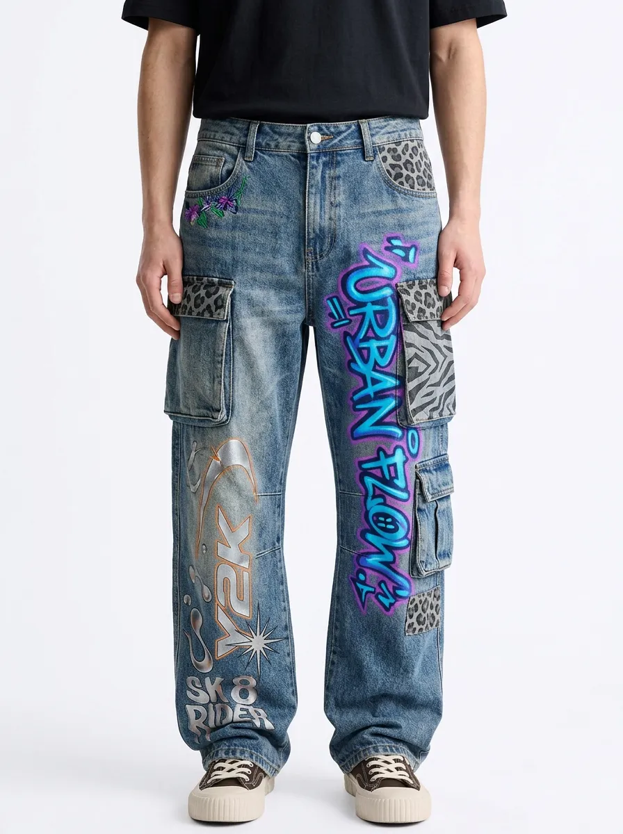 Men's Y2K Graffiti Animal Print Cargo Jeans