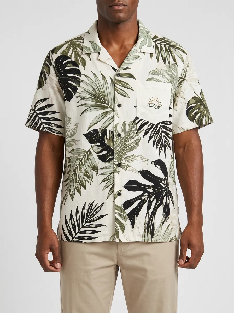 Men's Tropical Summer Vacation Palm Leaf Printed Button-up Shirt