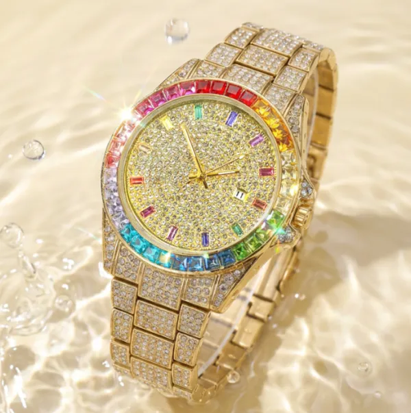 Luxury Gold Tone Full Diamond Rainbow Bezel Quartz Watch, Trendy Waterproof Calendar Stainless Steel Band Wristwatch