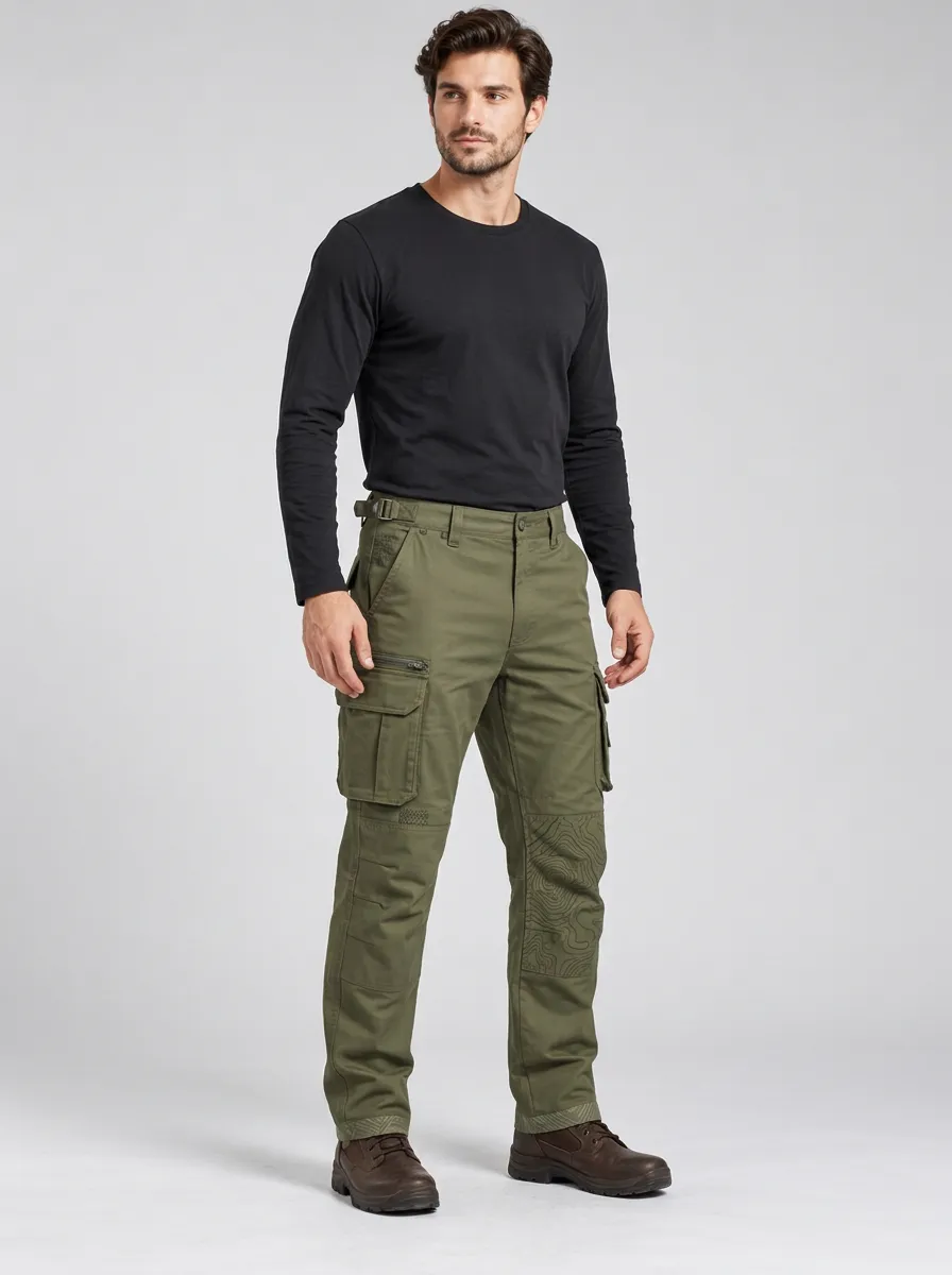 Men's Olive Green Topographic Multi-Pocket Zip Thigh Pocket Tactical Cargo Pants
