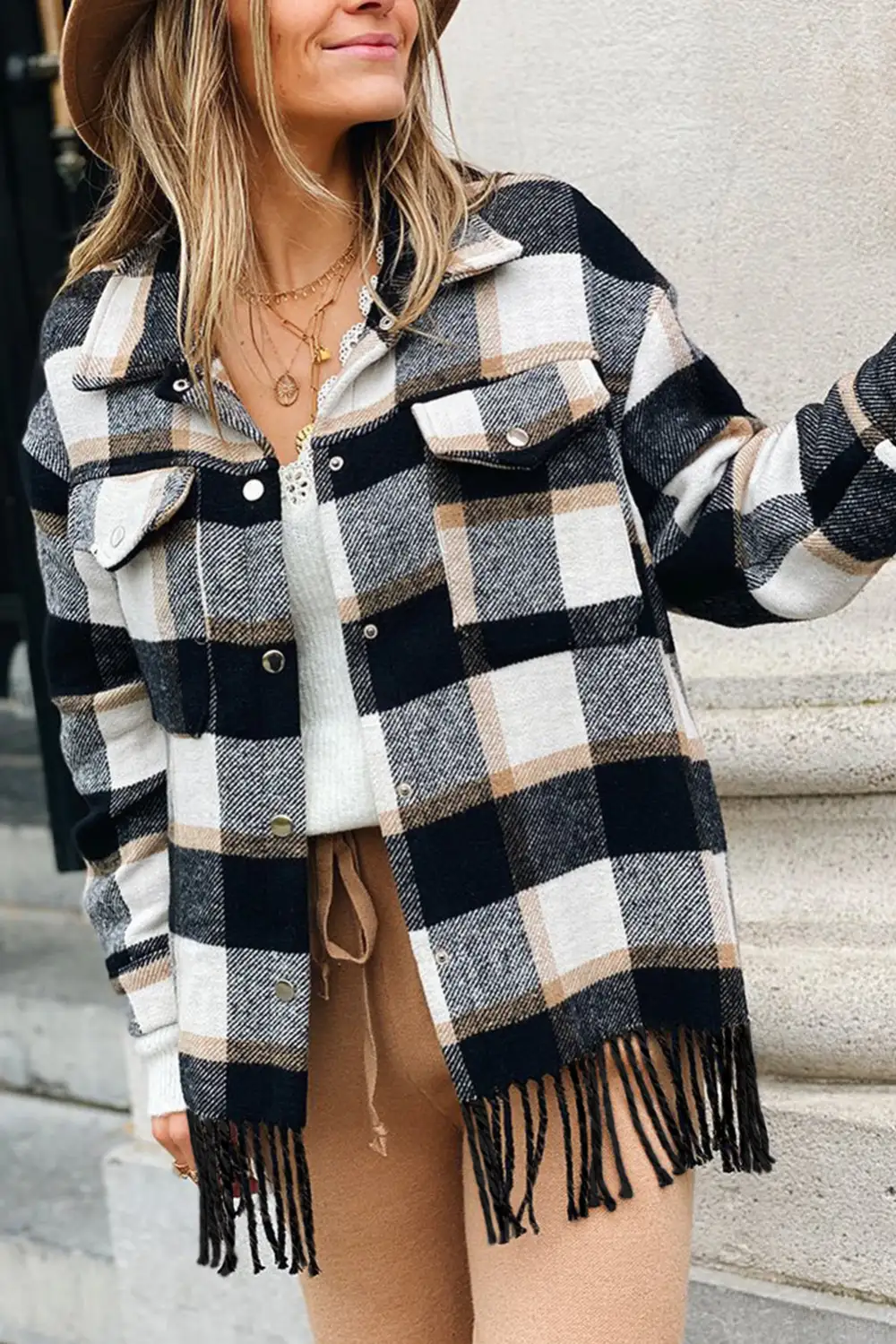 Plaid Snap Button Pocket Fringed Hem Jacket