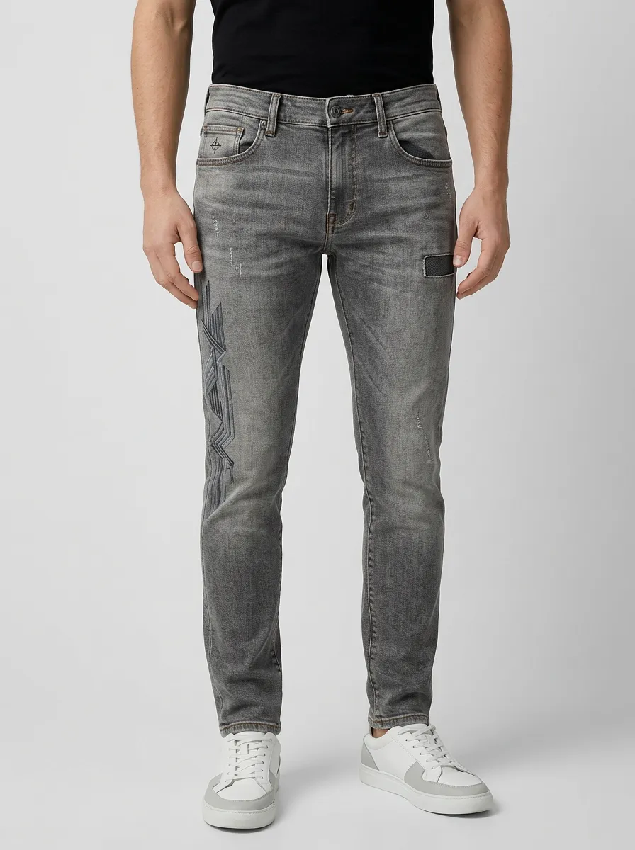 Men's Geometric Pattern Gray Distressed Printed Slim-Fit Jeans