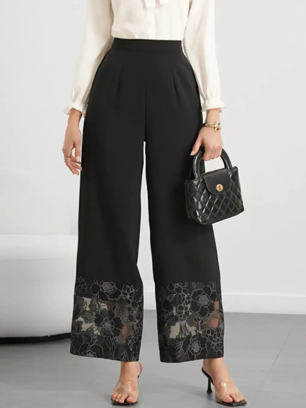 Wide Leg Lace Trim Floral Versatile Pants