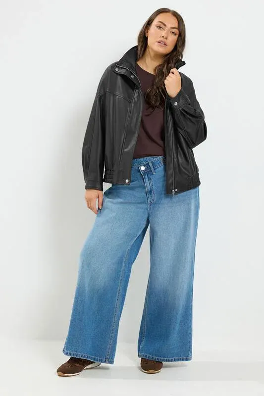 Black Faux Leather Funnel Neck Jacket