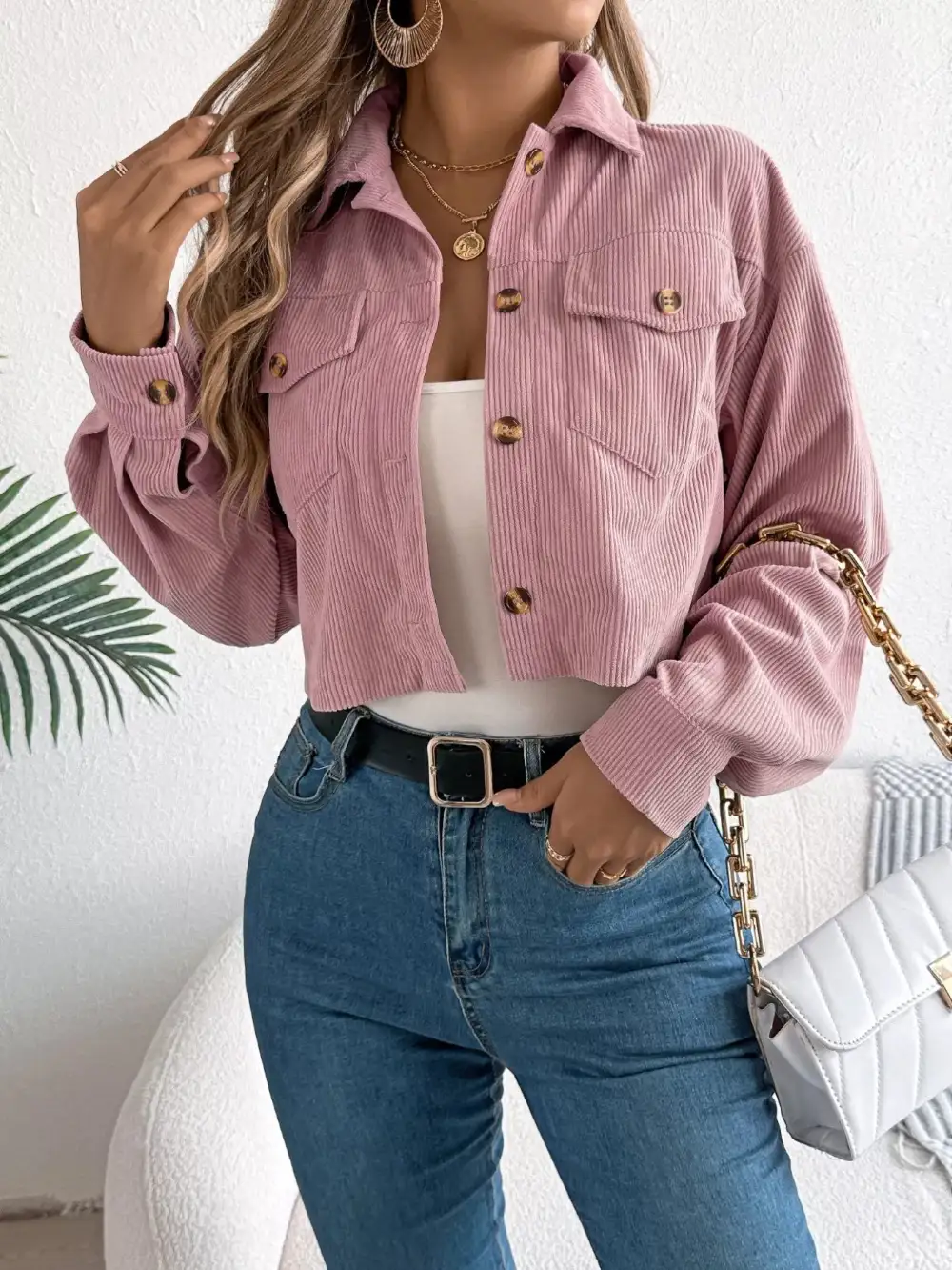 Corduroy Button-up Dropped Shoulder Jacket