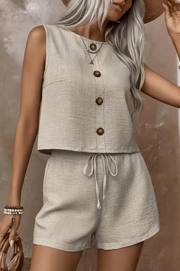 Button Solid Color Two Piece Set