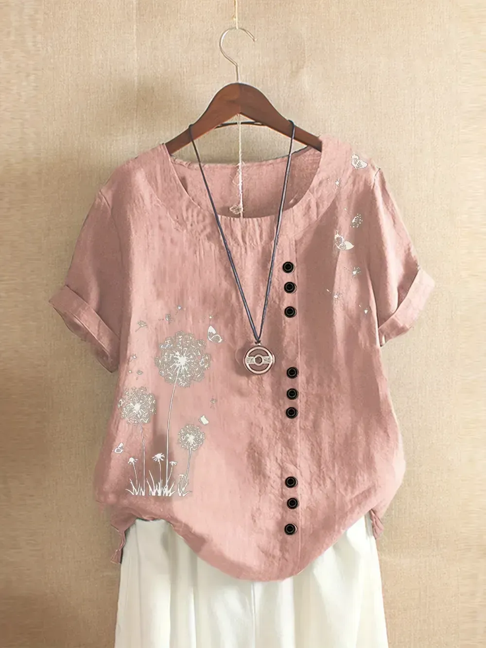 Women's Plus Dandelion Print Tee, Short Sleeve, Casual, Round Neck, Plus Size