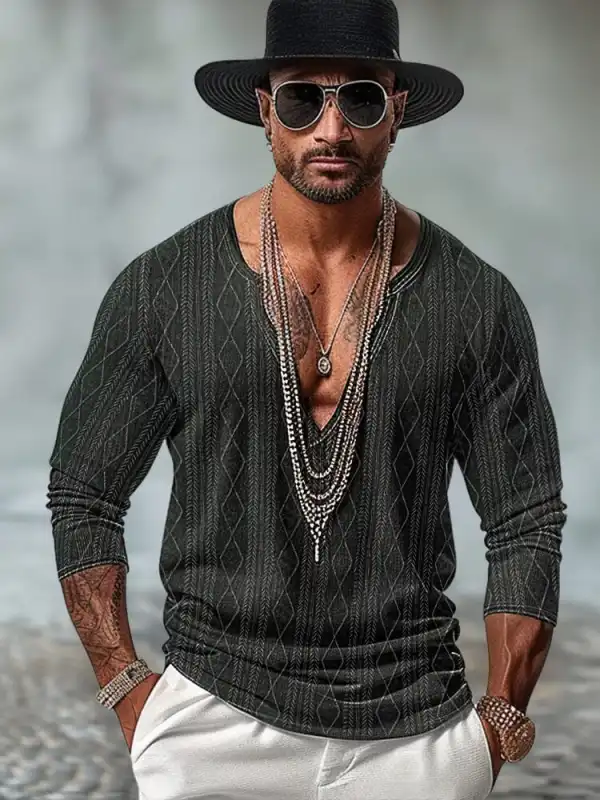 Stylish V-Neck Knit Jacquard Top T-Shirt
