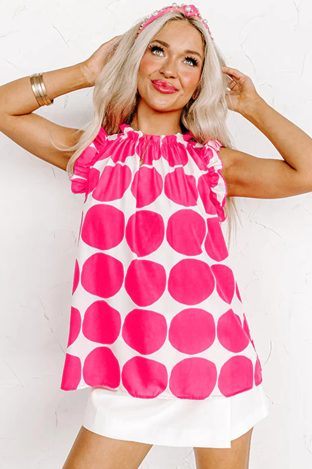 Rose Polka Dot Print Frilled Tank Top