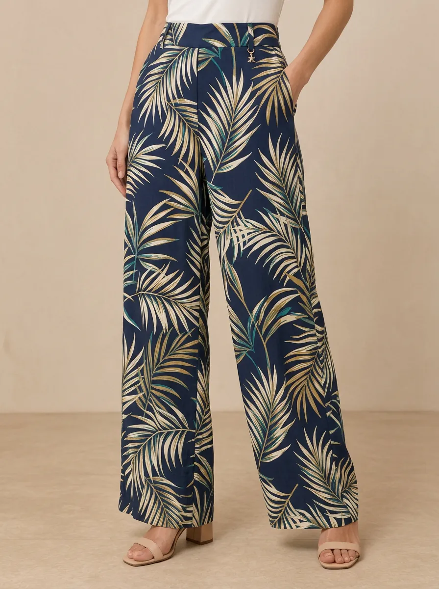 Women's Palm Leaf Relaxed Movement Printed Wide Leg Pants