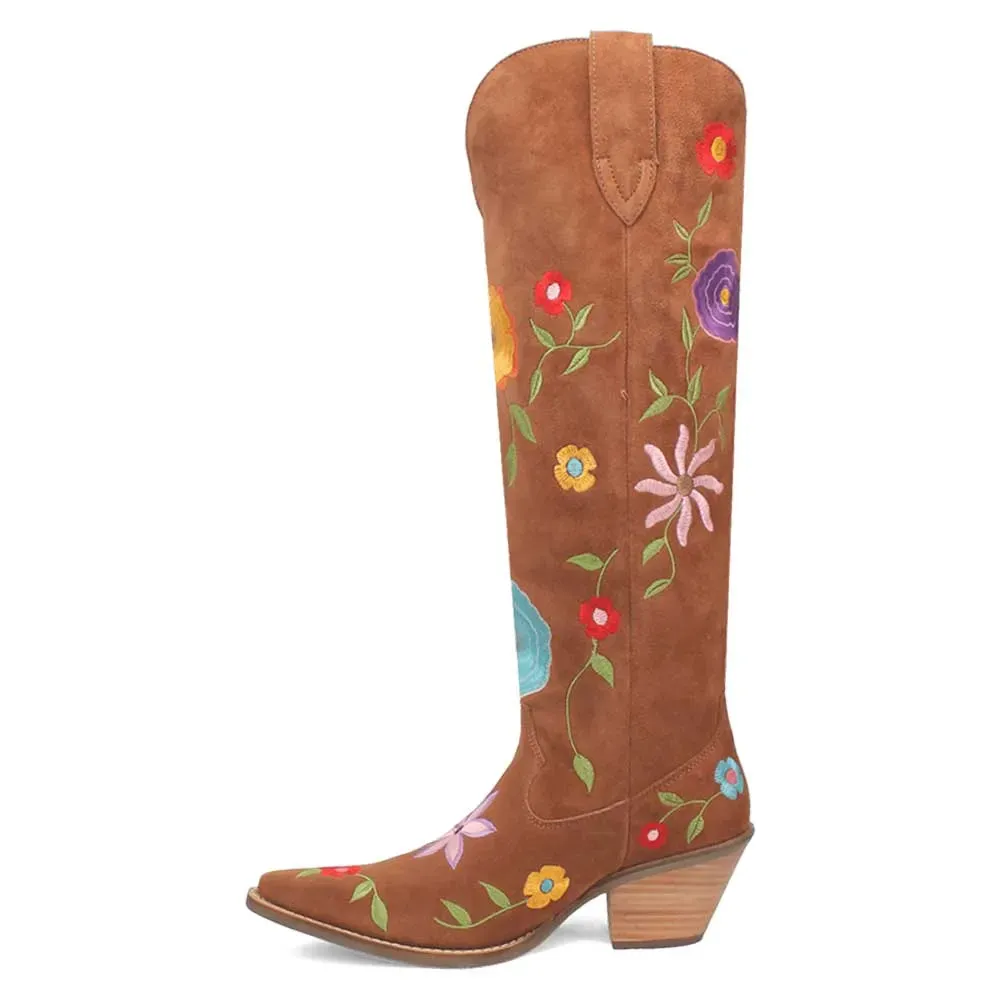 Faux-Suede Embroidered Floral Snip-Toe Over-the-Knee Boots