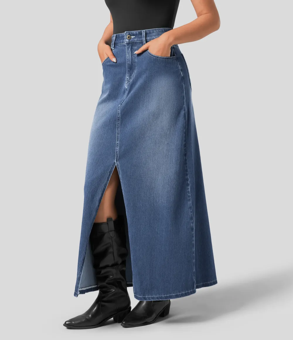 Magic Mid Rise Button Zipper Multiple Pockets Split A Line Stretchy Knit Denim Maxi Casual Skirt