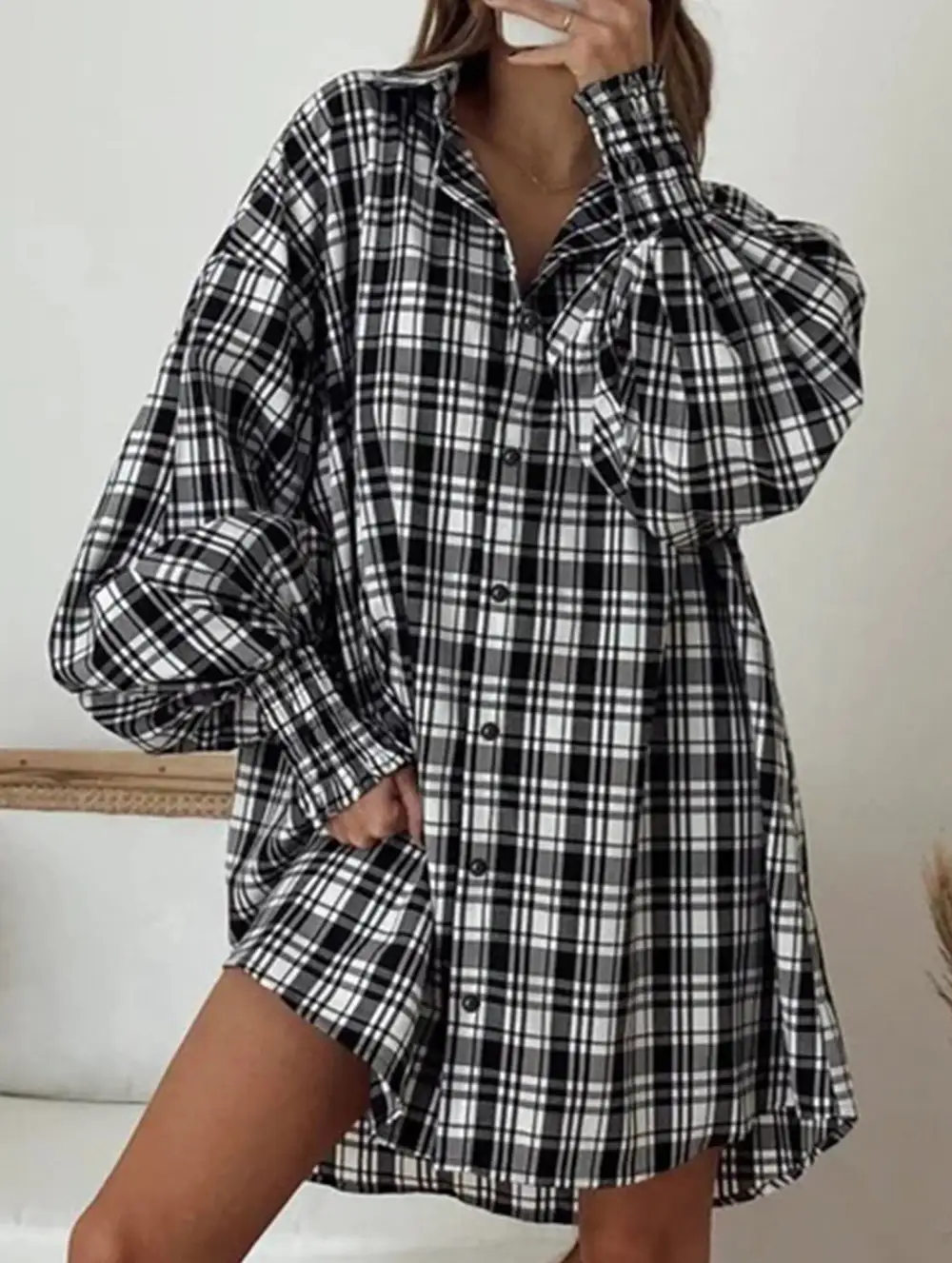 Plaid Lantern Sleeve Shirt