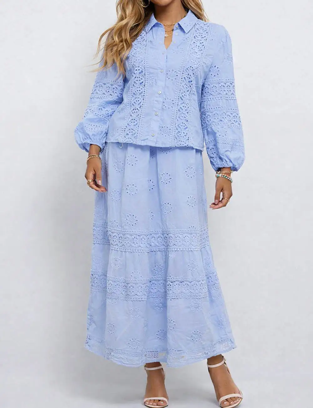 Boho Eyelet Button Down Blouse and Tiered Maxi Skirt Set