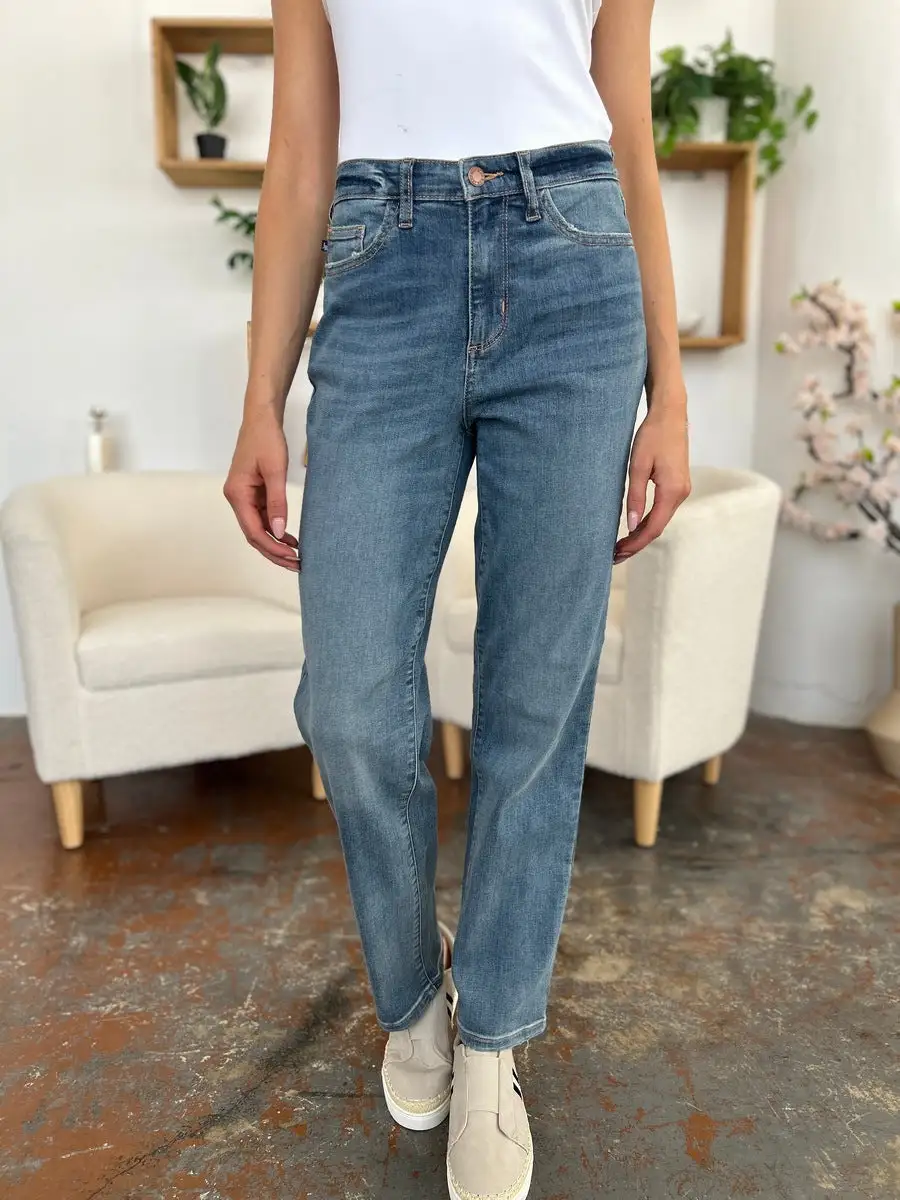 High-Waist Relaxed Washed Stretch Straight Leg Jeans