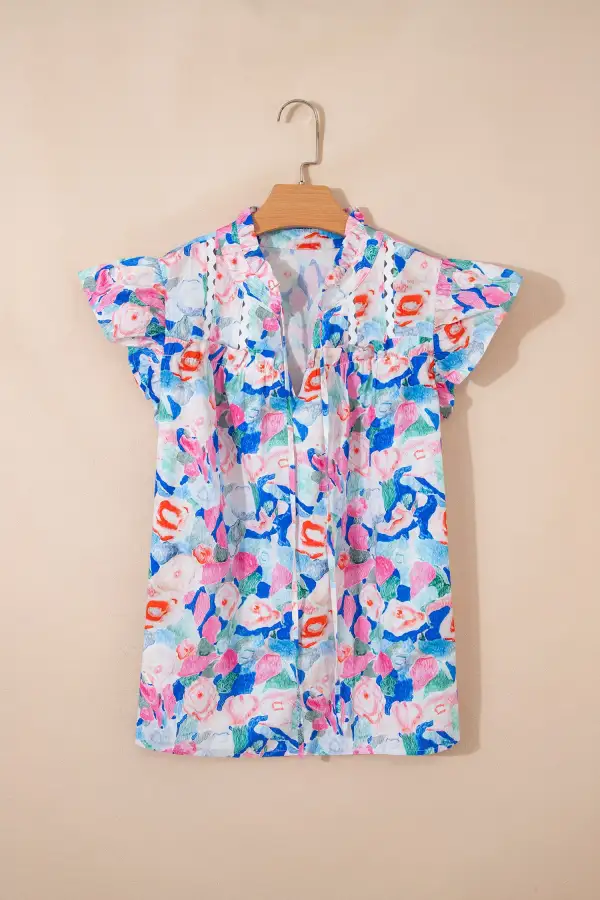 Women's Floral Print V Neck Ruffled Top