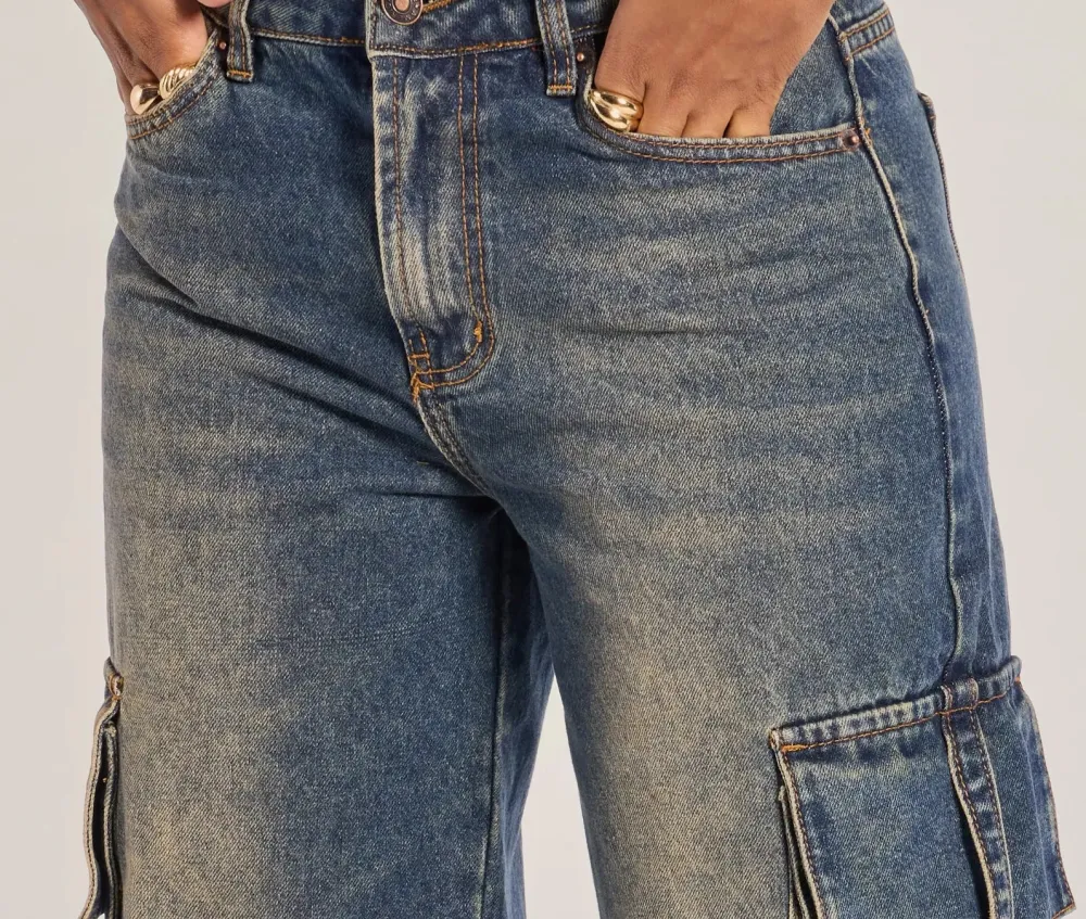 Dark Denim High-Rise Wide-Leg Cargo Jeans