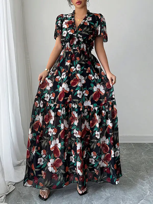 Loose Elasticity Pleated Neck Maxi Dress