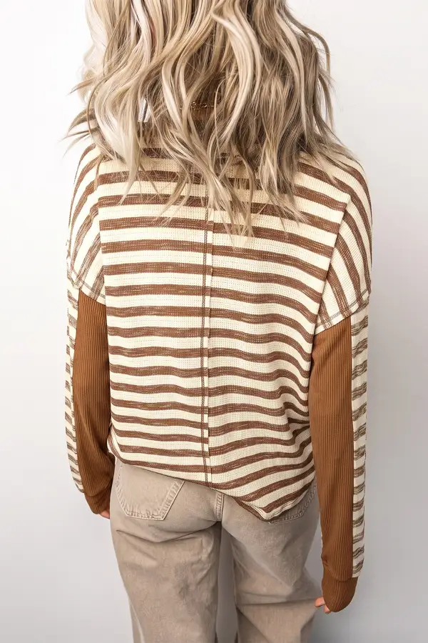 Striped Round Neck Ribbed Relaxed Long Sleeve Top